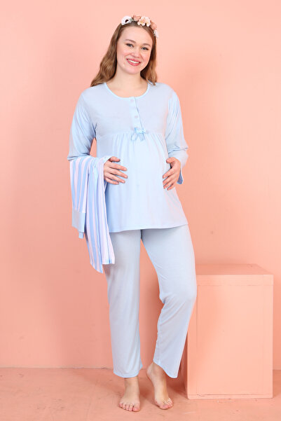 JENİKA Bebe Mavi Maternity 3-Piece Pajama Set – Buttoned Long Sleeve Top and Striped Robe