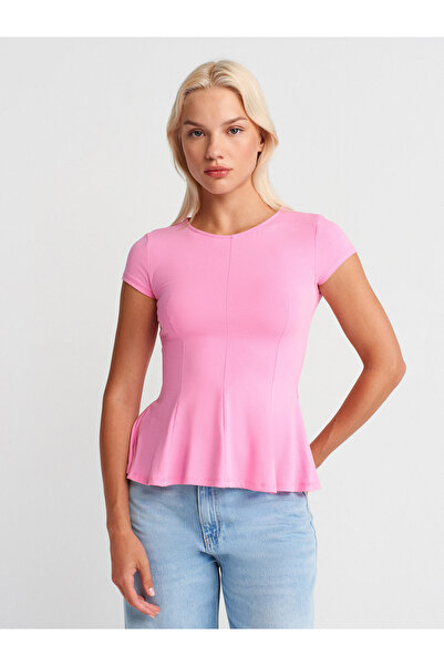 Dilvin 31992 Peplum T-Shirt-Pink