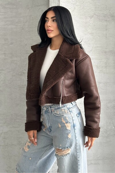 moda armanc Γυναικείο παλτό από ψεύτικο δέρμα με επένδυση από γούνα - Crop Biker Leather Jacket