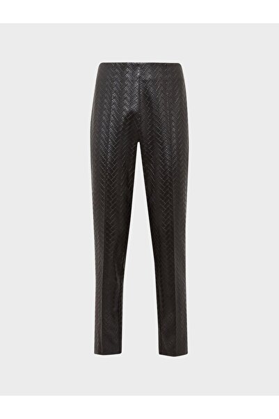 RİVUS Yüksek Belli Nervür Dikişli Sigara Paça Vegan Örgü Deri Pantolon - Siyah