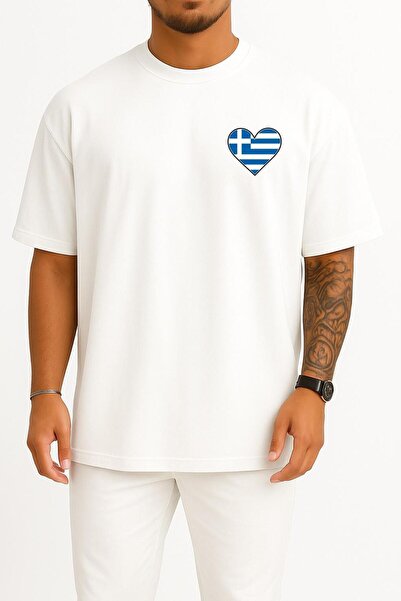 Bahriyeli Collection oversized Σχέδιο με την σημαία της Ελλάδας, μπλουζάκι Unisex με σχέδιο τσέπης και πλάτης της Ελλάδας