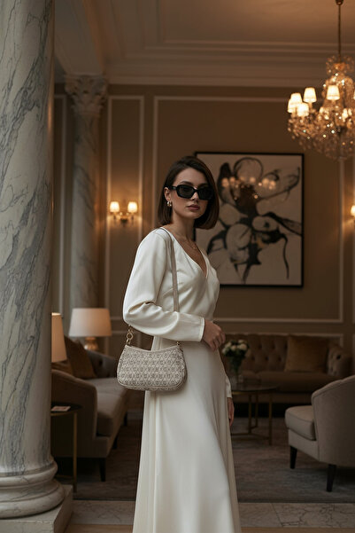 KISCHE Monogram Baguette & Crossbody Bag – Faux Leather, Metal Accessories, Beige