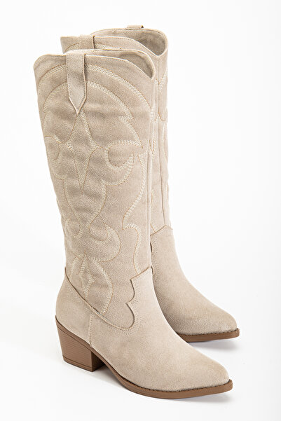 RİSSOLİ Γυναικείες μπότες καουμπόισσας με κέντημα σε μπεζ σουέντ