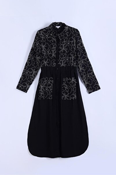 By Mare Style Natalie Black Embroidered Long Shirt Dress