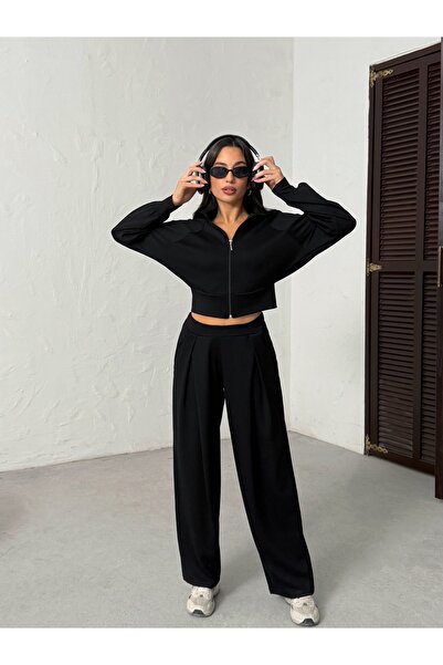 BEJNA Women's Black Soft Modal Textured Stand Collar Jacket Pleated Wide Leg Pants Bottom Top Sports Set