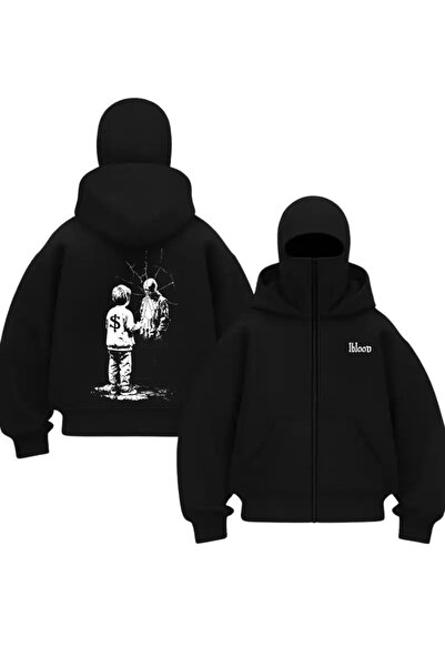 Gofeel Siyah Broken Reality Baskılı Kar Maskeli Unisex Sweatshirt Hırka