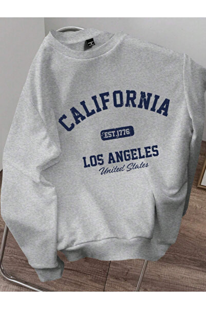 Revasser Unisex Kadın/Erkek Detaylı CAL Özel Baskılı Renkli Oversize Bisiklet Yaka Pamuklu Sweatshirt