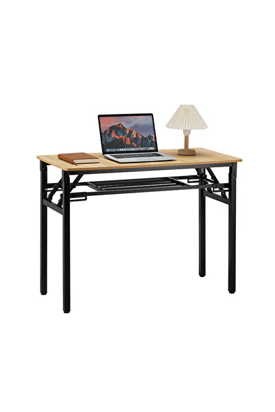 Lawazim Folding Table Double Layer 100x50cm - Desk with Shelf Wooden Top and Iron Frame