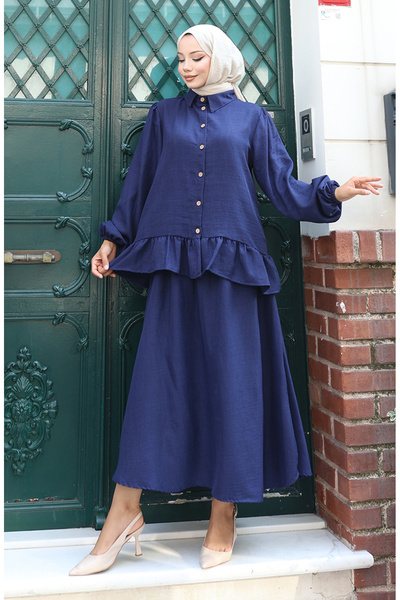 sefamerve Ruffled Tunic Skirt Two-Piece Set 0146-05 Navy Blue