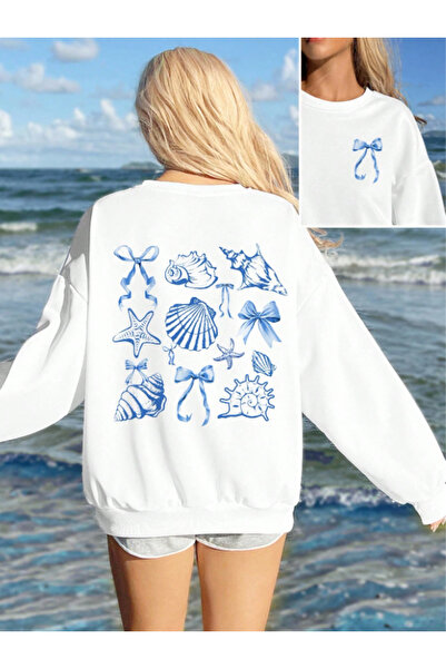 Revasser Unisex Kadın/Erkek KURDELE DENİZ Özel Baskılı Renkli Oversize Bisikl...