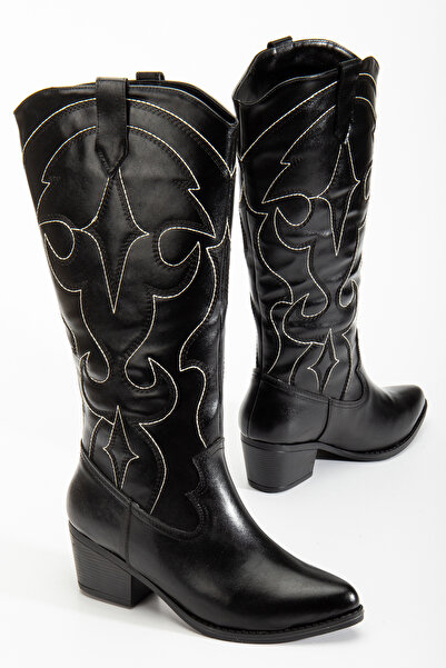 RİSSOLİ Γυναικείες μπότες καουμπόισσας με μαύρο γυαλιστερό δέρμα με κέντημα Western Cowboy