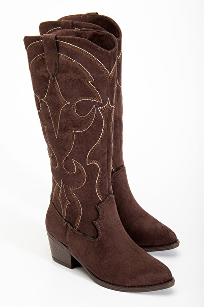 RİSSOLİ Γυναικείες μπότες καουμπόισσας με κέντημα από καφέ σουέντ δυσκολεύτερο χρώμα