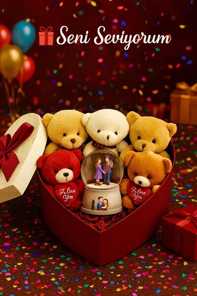 HediyeFilesi Kalpli Kutu İçinde 5’li Peluş Ayıcık ve Kar Küresi Hediye Seti S...
