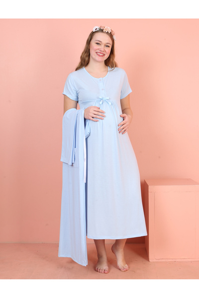 JENİKA Maternity Long Dress with Openable Buttons and Bow Detail Short Sleeve 2-Piece Nightgown Set