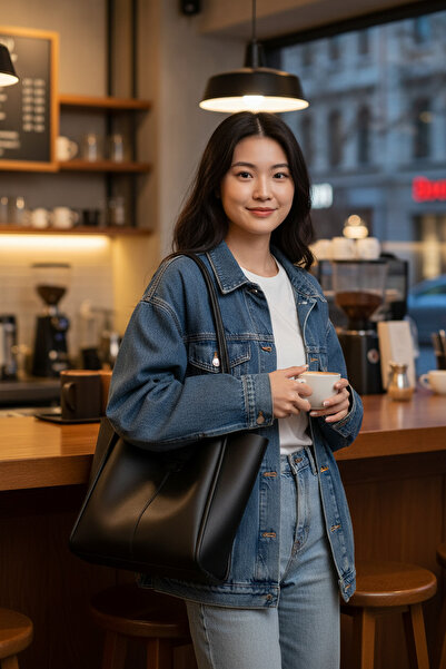 KISCHE Large Size Women's Hand and Shoulder Bag with Snap Fastener Strap and Faux Leather Makeup Bag