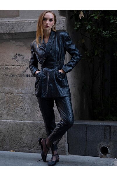 RİVUS Yüksek Belli Nervür Dikişli Sigara Paça Vegan Örgü Deri Pantolon - Siyah