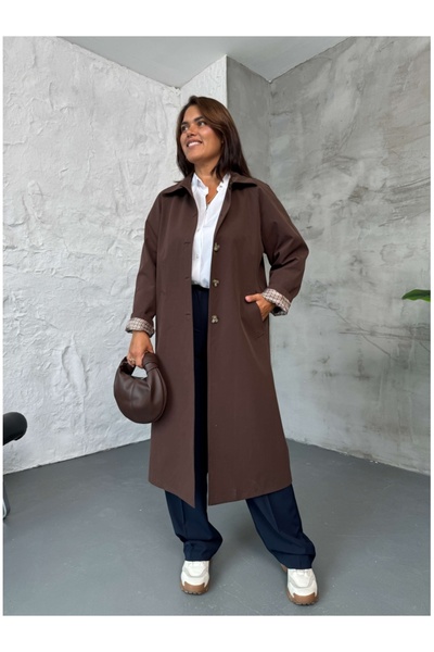 Elif Özbey Butik Brown Plaid Detailed Trench Coat