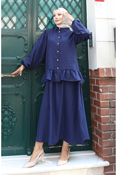 sefamerve Ruffled Tunic Skirt Two-Piece Set 0146-05 Navy Blue