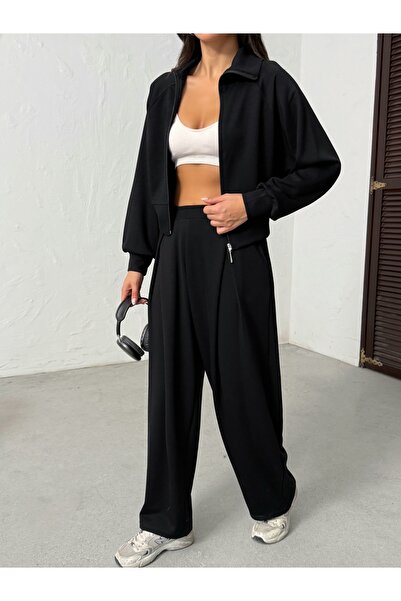 BEJNA Women's Black Soft Modal Textured Stand Collar Jacket Pleated Wide Leg Pants Bottom Top Sports Set