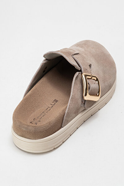 Dericlub Women's Closed-Front Buckle Sabo Daily Slippers Genuine Leather Zy 4000 Suede Beige