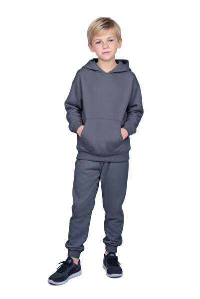 FYK COLLECTİON Момчешки спортен екип с качулка, джобове тип кенгуру и едноцветен принт