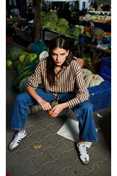 Ecenin Favorileri Brown Camel Striped Women's Oversize Shirt