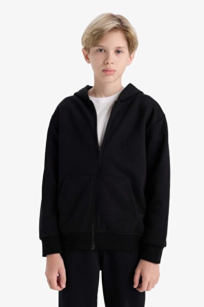 DeFacto X7382 Siyah Erkek Çocuk Kapüşonlu Basic Düz Okul Fermuarlı Sweatshirt