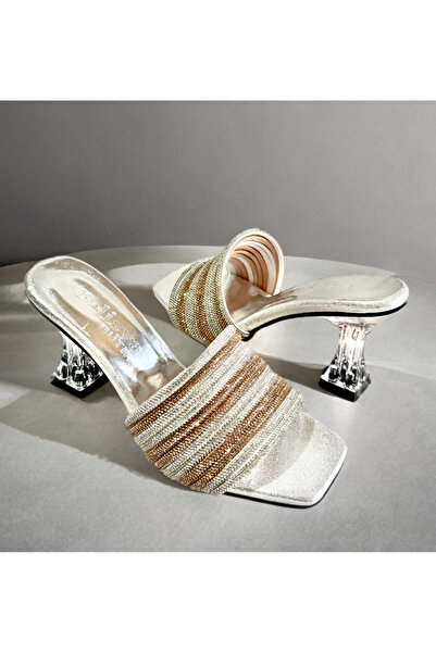 Felisya Butik Twelve Rows of Stones Transparent Heeled Evening Dress Slippers