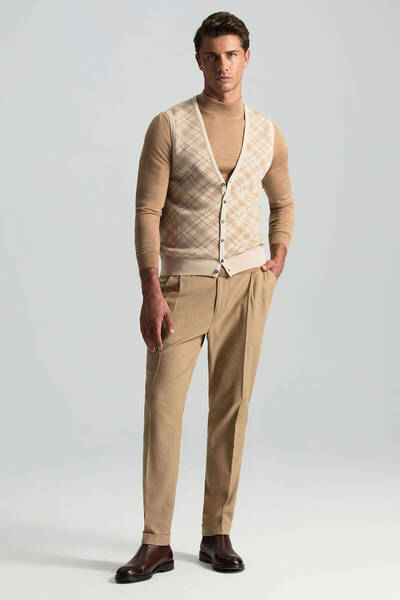 Hemington Merino Yün Baklava Desen Açık Bej Yelek