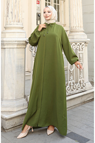 sefamerve Kolu Lastikli Fermuarlı Ferace 0140-08 Haki Yeşil