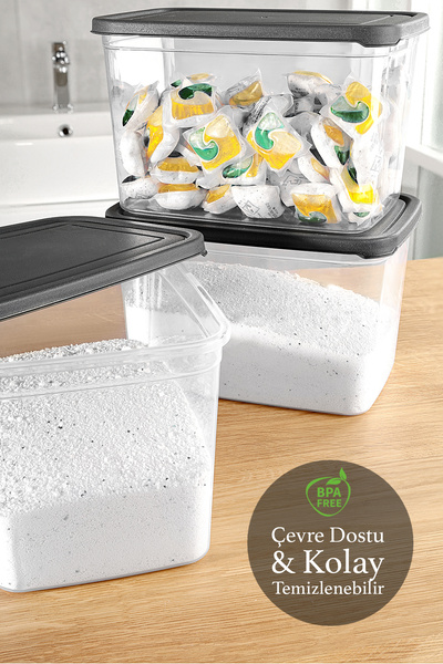 Meleni Home 4-Pack Detergent Storage Box with Labels - Transparent Deep Bathroom Tablet Powder Detergent Box 3.7 Liters