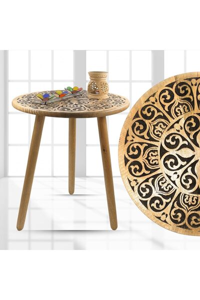 Souq DESIGNS Side Table Wooden Accent Round 3 Legs, Hand-Carved for Living Room, Bedroom-50 cms