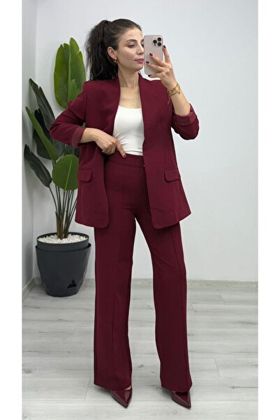TUNAM BUTİK 1083 Blazer Jacket Pants Suit Burgundy