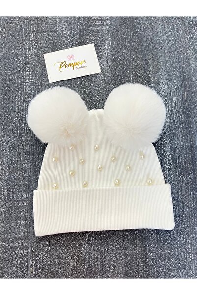 pempem bandana طقم قبعة كاميسول للأطفال البنات مع كرات فرو كبيرة مزينة باللؤلؤ