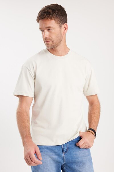 Tudors Ανδρικό μπλουζάκι με φαρδιά εφαρμογή, 100% βαμβακερό, με λαιμόκοψη ποδηλατικό, πέτρινο μπλουζάκι