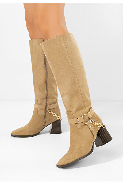 B T Shoes Cizme lungi cu toc gros Deliora kaki