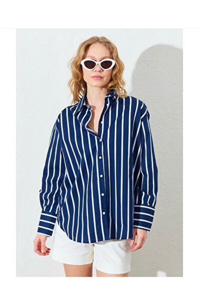 MNC Çizgili Oversize Poplin Kadın Gömlek