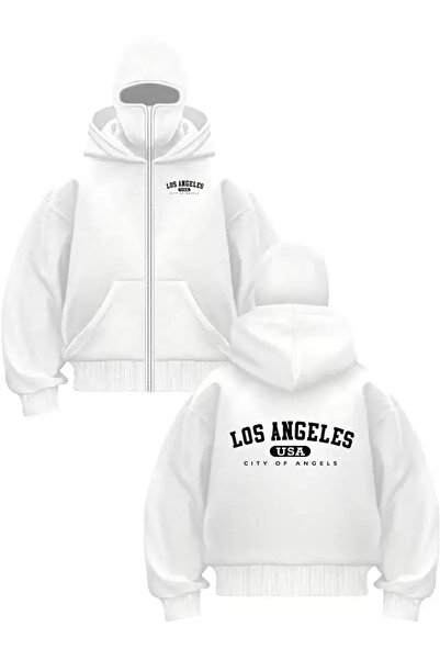Gofeel Unisex Oversize White Los Angeles Usa Printed Masked Hoodie