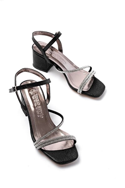 Budi S-900 Black Banded Stone Thick Transparent Heeled Women's Shoes