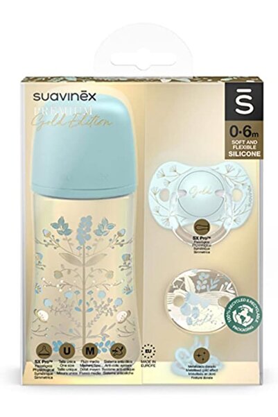 Suavinex مجموعة 270 مل + لهاية Phy 0/6 + مشبك ذهبي - أزرق