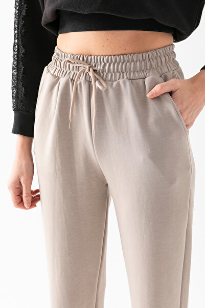 CNRCollection Γυναικείο παντελόνι Modal σε χρώμα πέτρας, ελαστικό, ψηλόμεσο, με τσέπες, μαλακή υφή, λεπτομέρεια από λάστιχο στο πόδι