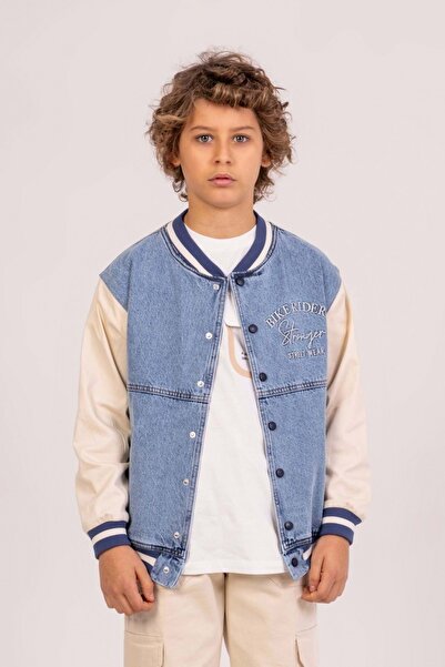 ww waka waka kids store Jachetă de colegiu din denim pentru băieți – Design streetwear fără glugă cu broderie pentru motocicliști