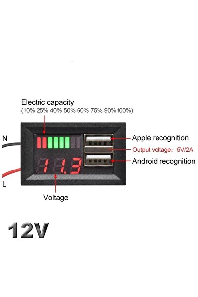 Maroces Dijital Voltmetre Ekranlı 5V 2A USB iOS-Android Çıkışlı 12V Akü Kapasite Göstergesi