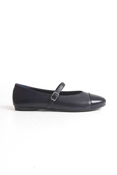 ERNİLA Belle Navy Blue Genuine Leather Women's Ballerinas