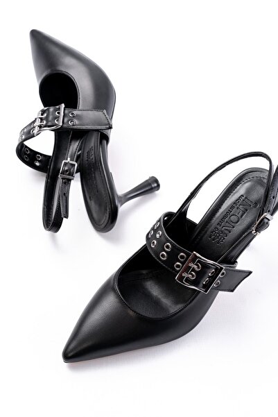 Budi Inf-260 Black Daily Open Back Helmet Buckle Heeled Shoes