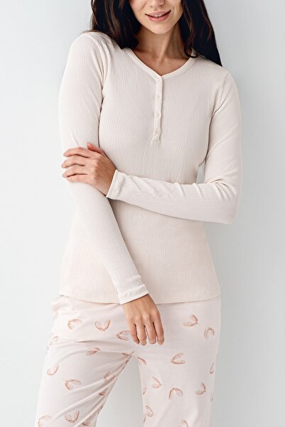 Pierre Cardin Kadın Krem Düğmeli Fitilli Kumaş Pijama Takımı