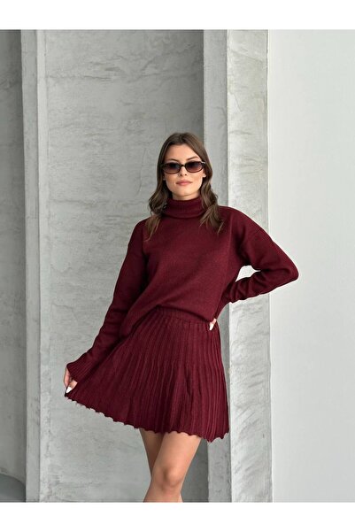 LE CARAMBOLE Dámský bordó rolák svetr sukně spodní vrchní díl set