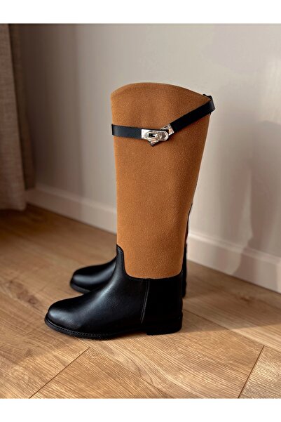 labor Selection Buckled Inside-Out Genuine Leather Riding Boots Tan Black Full Mold