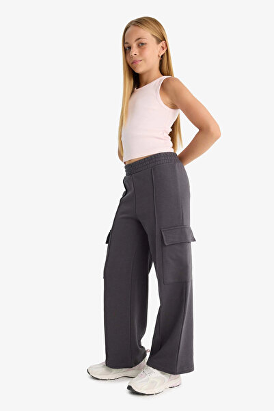 DeFacto E6930 Antrasit Kız Çocuk Beli Lastikli Wide Leg Kargo Eşofman Altı