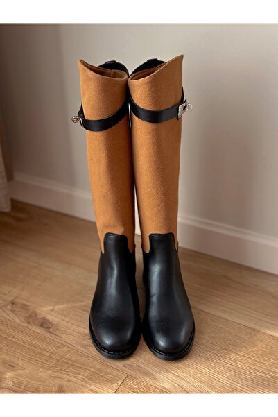 labor Selection Buckled Inside-Out Genuine Leather Riding Boots Tan Black Full Mold